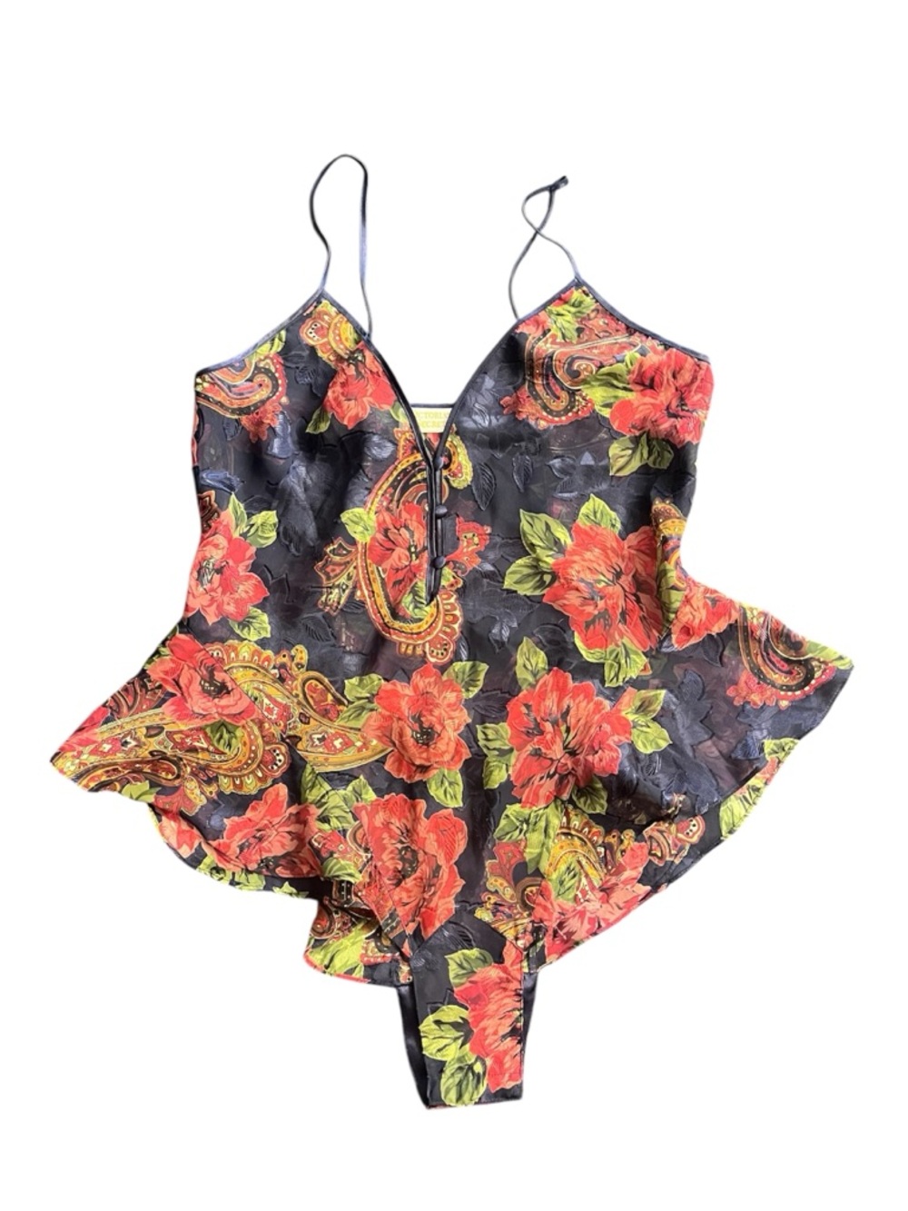 Vintage Victoria Secret gold label lingerie teddy bodysuit blue floral M